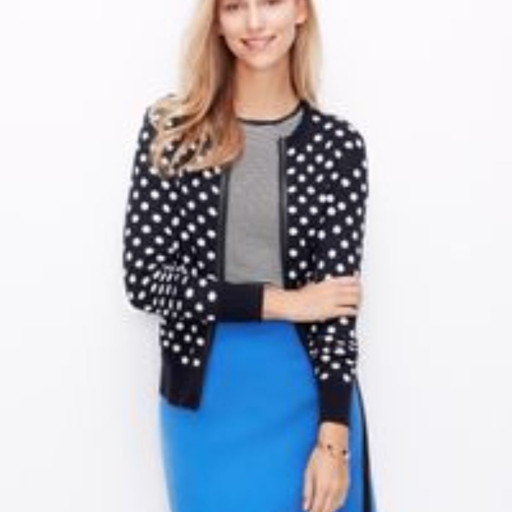 Ann Taylor Navy Polka Dot Leather Zip Cardigan